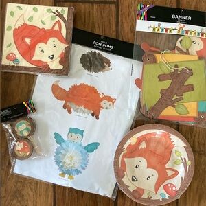 Fall party decor Fox owl hedgehog plates, napkins, centerpieces, banner